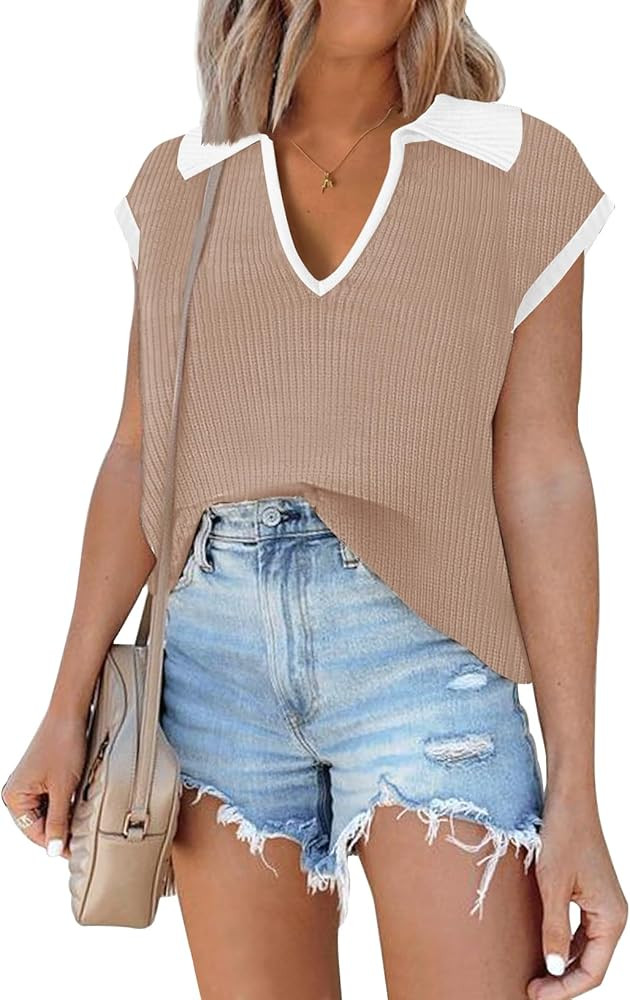 Womens Cap Sleeve Sweaters Tops 2024 Striped Sleeveless Vest Knit Tops Casual Summer Color Block ... | Amazon (US)