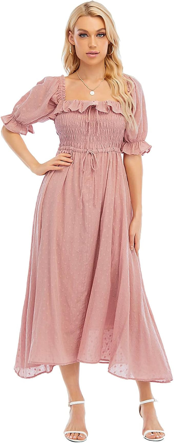 R.YIposha Women Vintage Elastic Square Neck Ruffled Half Sleeve Summer Backless Beach Flowy Maxi ... | Amazon (US)