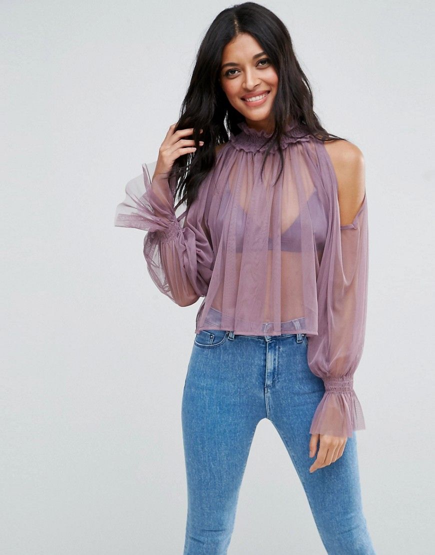 ASOS Cold Shoulder Top in Mesh with High Neck & Puff Sleeve - Purple | ASOS US