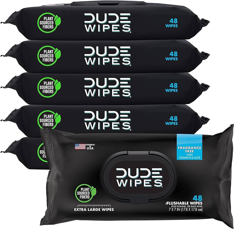DUDE Wipes - Flushable Wipes - 6 Pack, 288 Wipes - Unscented Extra-Large Adult Wet Wipes - Vitami... | Amazon (US)
