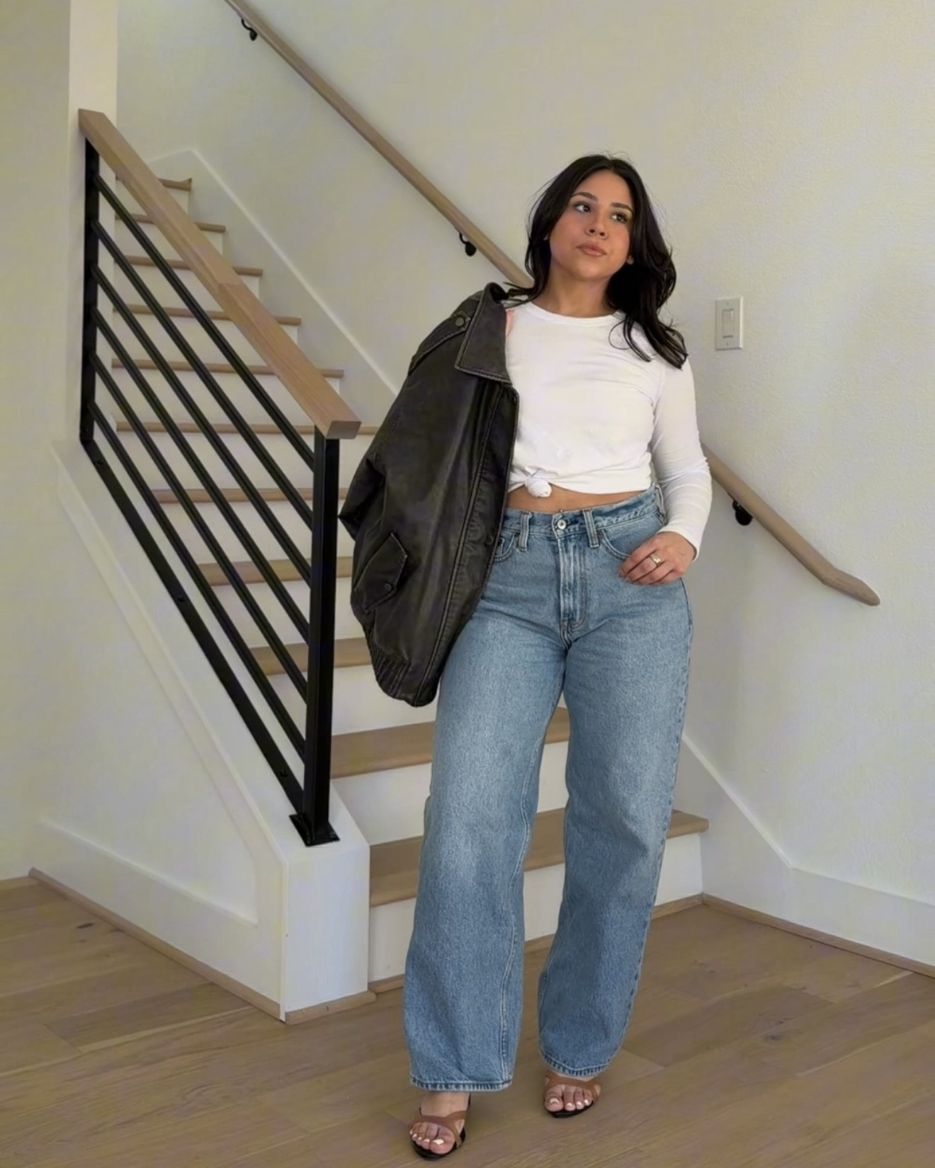 Medium wash slouchy jeans: 26 short 
Bootcut jeans: 27 short 
Heart embroidered jeans: 26 short 
Loose low rise jeans: 25 short 
Striped polo: xs 
Faux leather jacket: small 
White long sleeve: small 
Kitten heels: 6.5 

#LTKootd #LTKPetite #LTKValentine