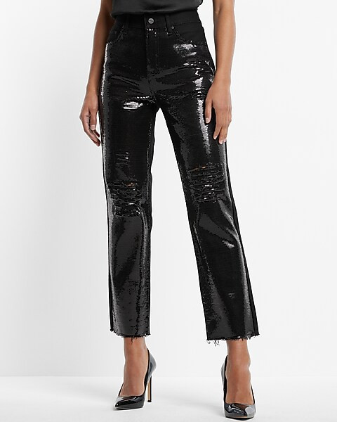 High Waisted Sequin Front Ripped Raw Hem Straight Ankle Jeans | Express