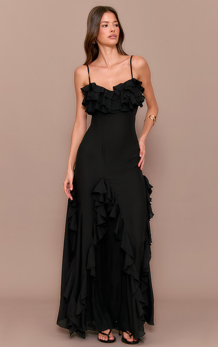 Robe longue noire à bonnets volantés | Robes | PrettyLittleThing (FR)