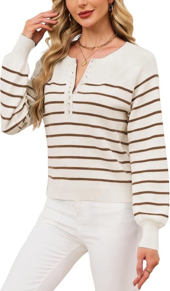Hongsui Women's Color Block Striped Sweaters Button Up Crewneck Pullover Ribbed Knit Sweater Tops | Amazon (US)