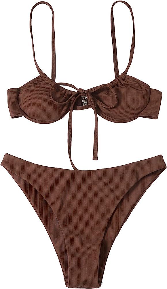SheIn Women's 2 Piece Swimsuit Tie Underwire Bra and Panty Bikini Set Beach Wear | Amazon (US)