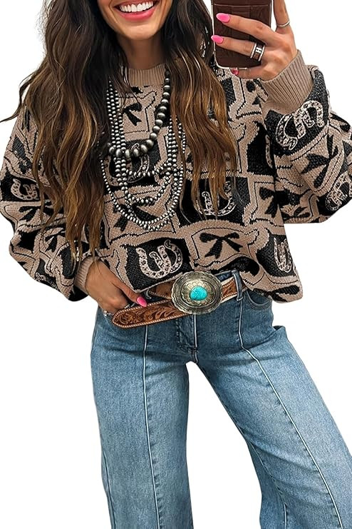 Womens Pullover Sweater Western Print Knit Tops Boho Drop Shoulder Brown Bows & Horseshoes | Amazon (US)