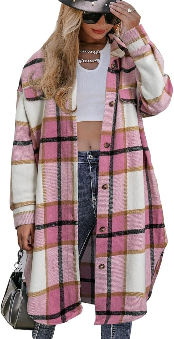 Amegoya Women's Casual Plaid Lapel Shacket Jacket Wool Blend Button Up Shirt Loose Oversize Coat | Amazon (US)