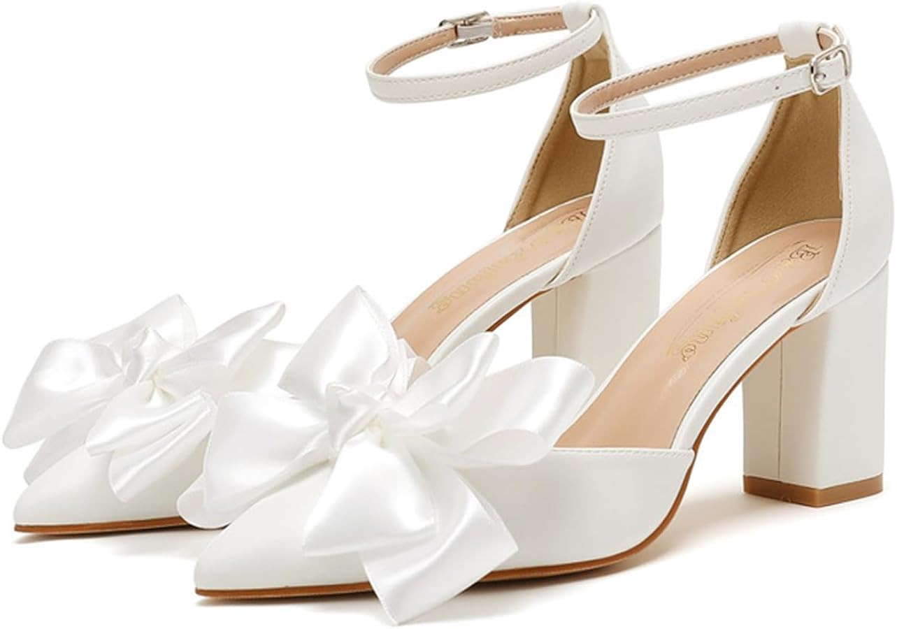 Elegant Wedding Shoes for Bride Block Heel Closed Pointed Toe Pumps Ankle Wrap Pearl Bridal | Amazon (US)