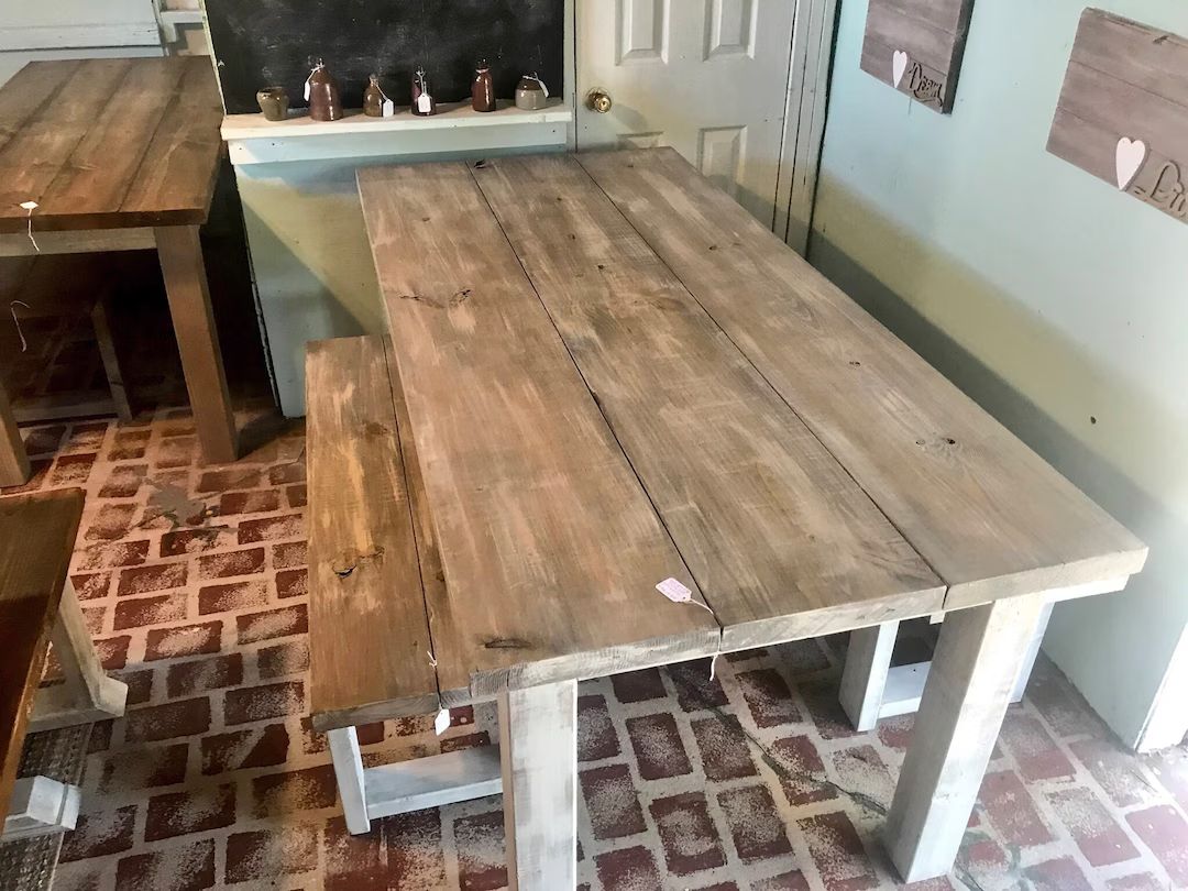 White Wash Farmhouse Table With Benches Rustic Wooden Gray White Wash Top and Creamy White Distre... | Etsy (US)
