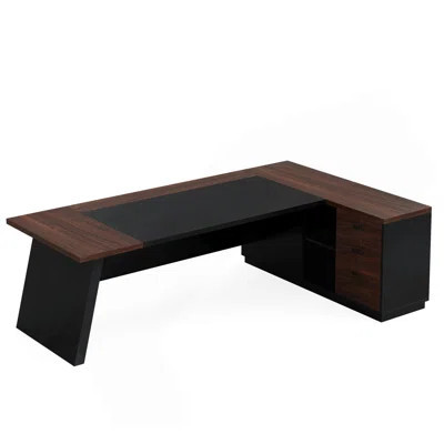 78.7" L-Shaped Executive Desk With File Cabinet & Drawers, Large Modern Home Office Computer Workstation With Storage Shelves, Dark Walnut + Black | Wayfair North America