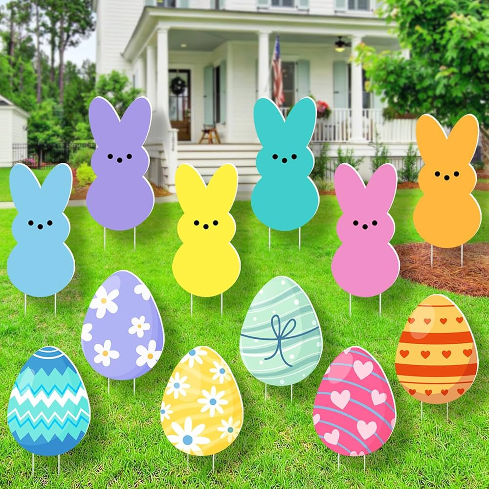 12 PCS Pastel Easter Yard Signs Decorations Outdoor - Colorful Cute Easter Bunny Egg Yard Signs w... | Amazon (US)