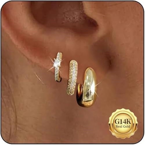 Gold Hoop Earrings Set for Women Trendy, 14K Gold Plated Small Gold Hoops for Women, Chunky Gold ... | Amazon (US)