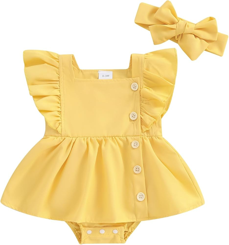 Madjtlqy Toddler Baby Girl Summer Clothes Ruffled Sleeves Solid Color Flower Romper Dress Newborn... | Amazon (US)