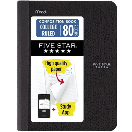 Five Star Composition Book Plus Study App, College Ruled, 80 Sheets, Poly, 7.5" x 9.75", Black | Walmart (US)