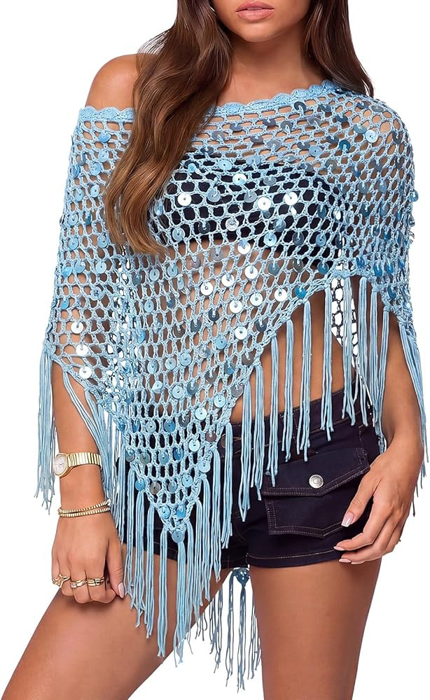 Women Sheer Poncho Top See Through Sequin Fishnet Shawl Knit Shrug Shawl for Beach Party Festival... | Amazon (US)