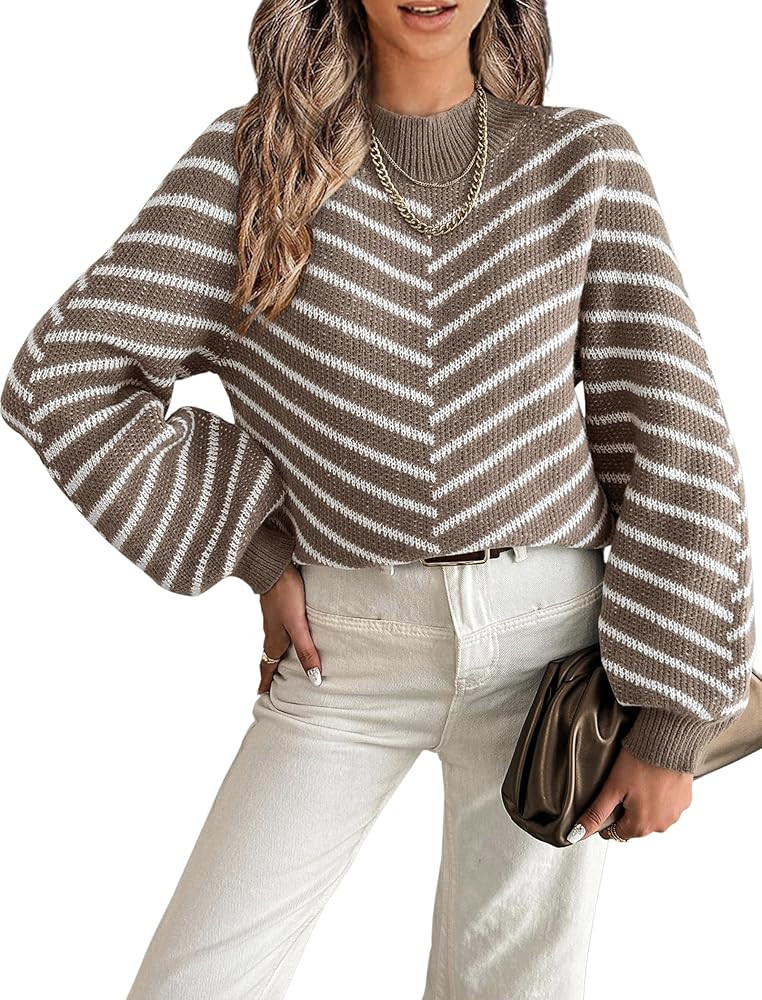 Theenkoln Women Striped Fall Sweater:Crew Neck Long Sleeve Color Block Casual Loose Pullover Knit... | Amazon (US)