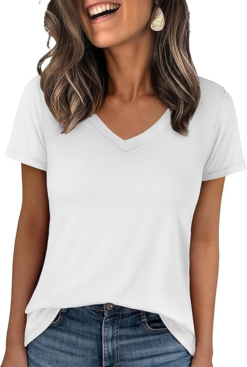 ANRABESS Womens Short Sleeve Tops Casual V Neck Wrinkle - Free Basic T Shirts Summer Cute Tee 202... | Amazon (US)