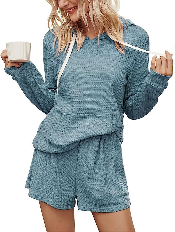 KIRUNDO Women’s 2021 Two Piece Pajama Set Long Sleeves Solid Pjs Drawstring Belt Sleepwear Shor... | Amazon (US)