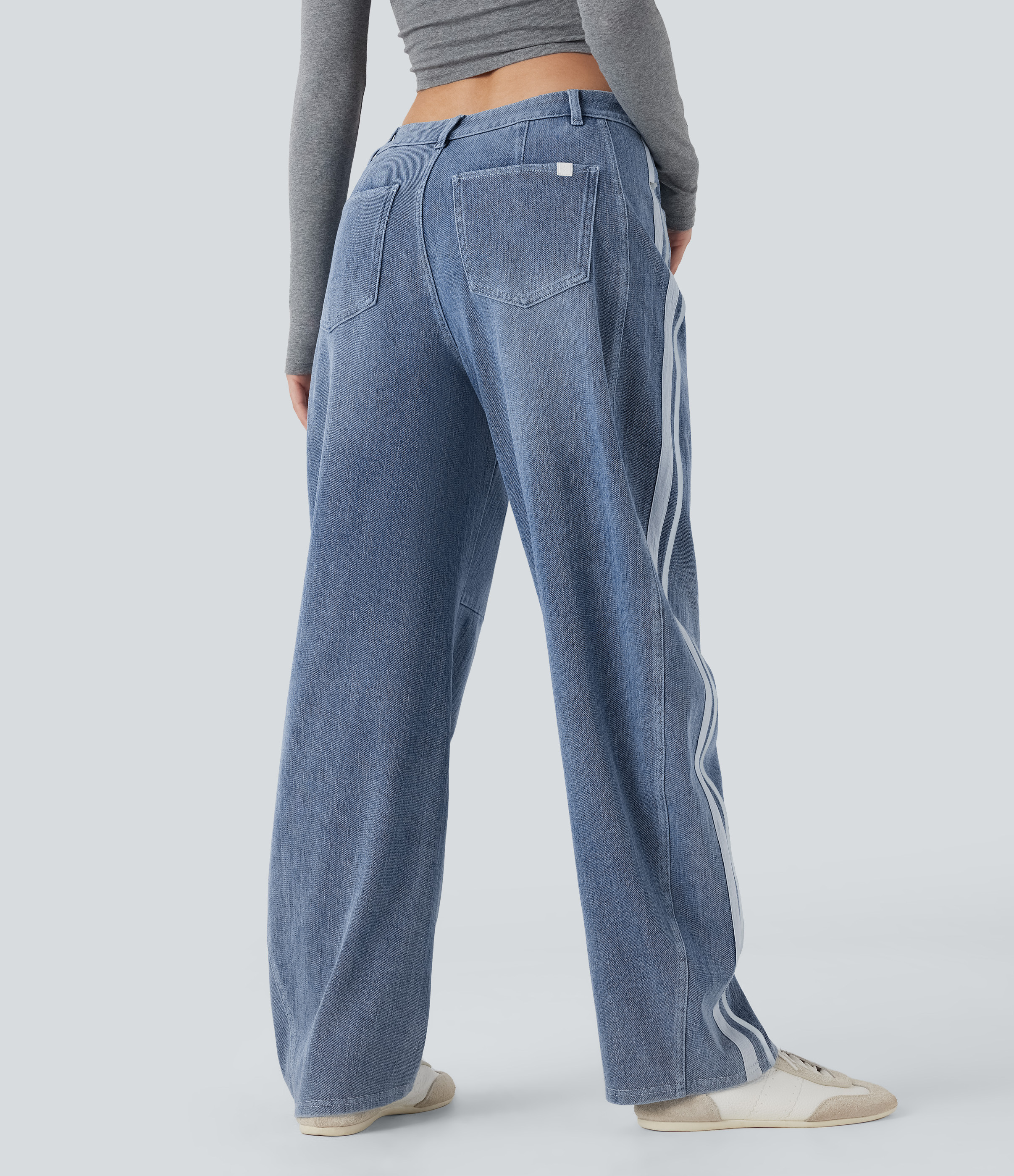 Halara Halara Flex™ Mid Rise Stripe Baggy Washed Casual Jeans with Pockets - Malibu Blue Denim - S(regular) | HALARA