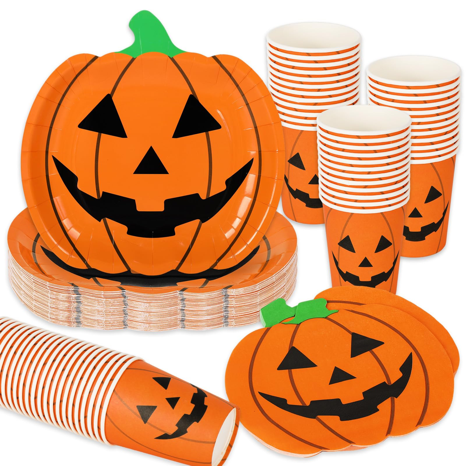 Halloween Party Supplies Serves 24 Orange Jack-O-Lantern Disposable Paper Tableware, 24 Pumpkin S... | Amazon (US)