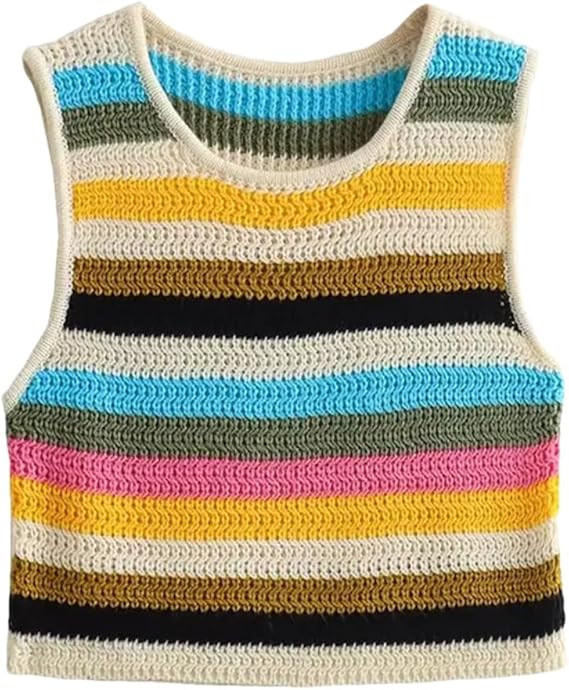 Women's Summer Striped V-Neck Sleeveless Sweater Thin Crochet Rainbow Striped Short Mini Vest Cre... | Amazon (US)
