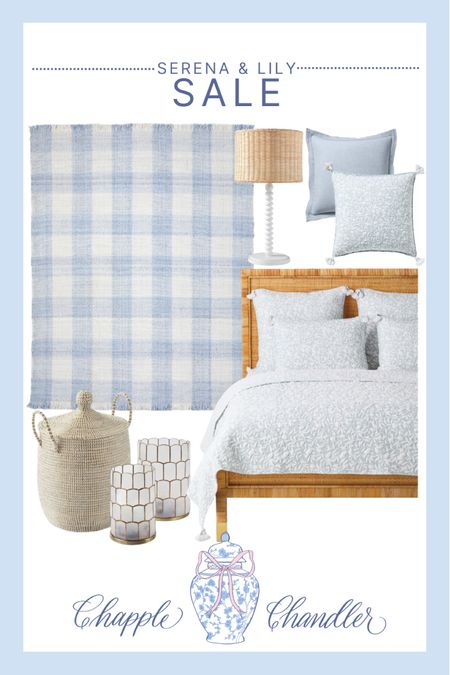 Serena and Lily, preppy, blue and white home, bedding, throw pillows, accent pillows, floral pillows, woven lampshade, lamp, table lamp, bedside lamp, gingham rug, area rug, basket, storage basket, scalloped hurricane pillar, bedroom, living room, sale finds