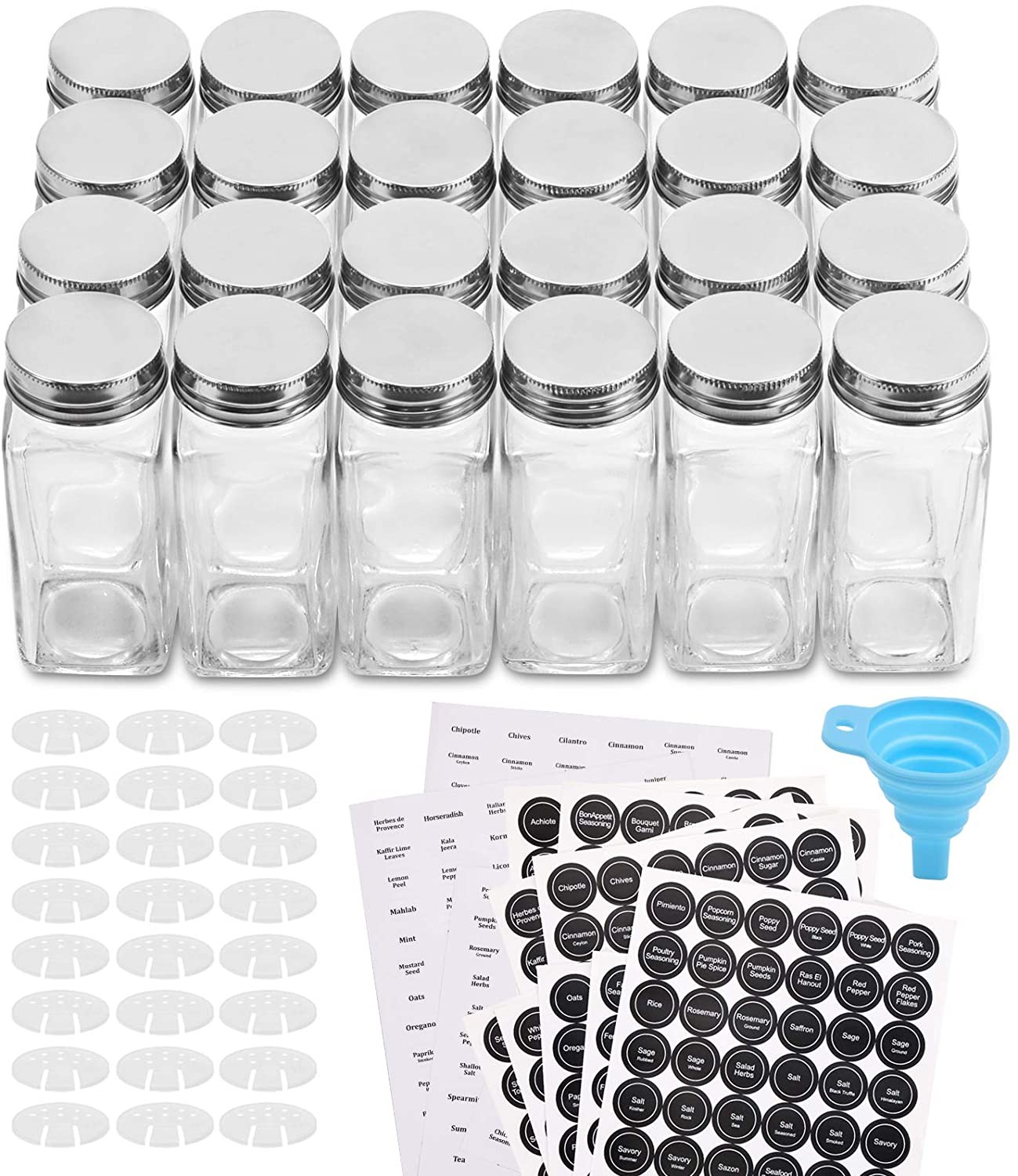 Aozita 24 Pcs Glass Spice Jars/Bottles - 4oz Empty Square Spice Containers with 612 Spice Labels ... | Amazon (US)