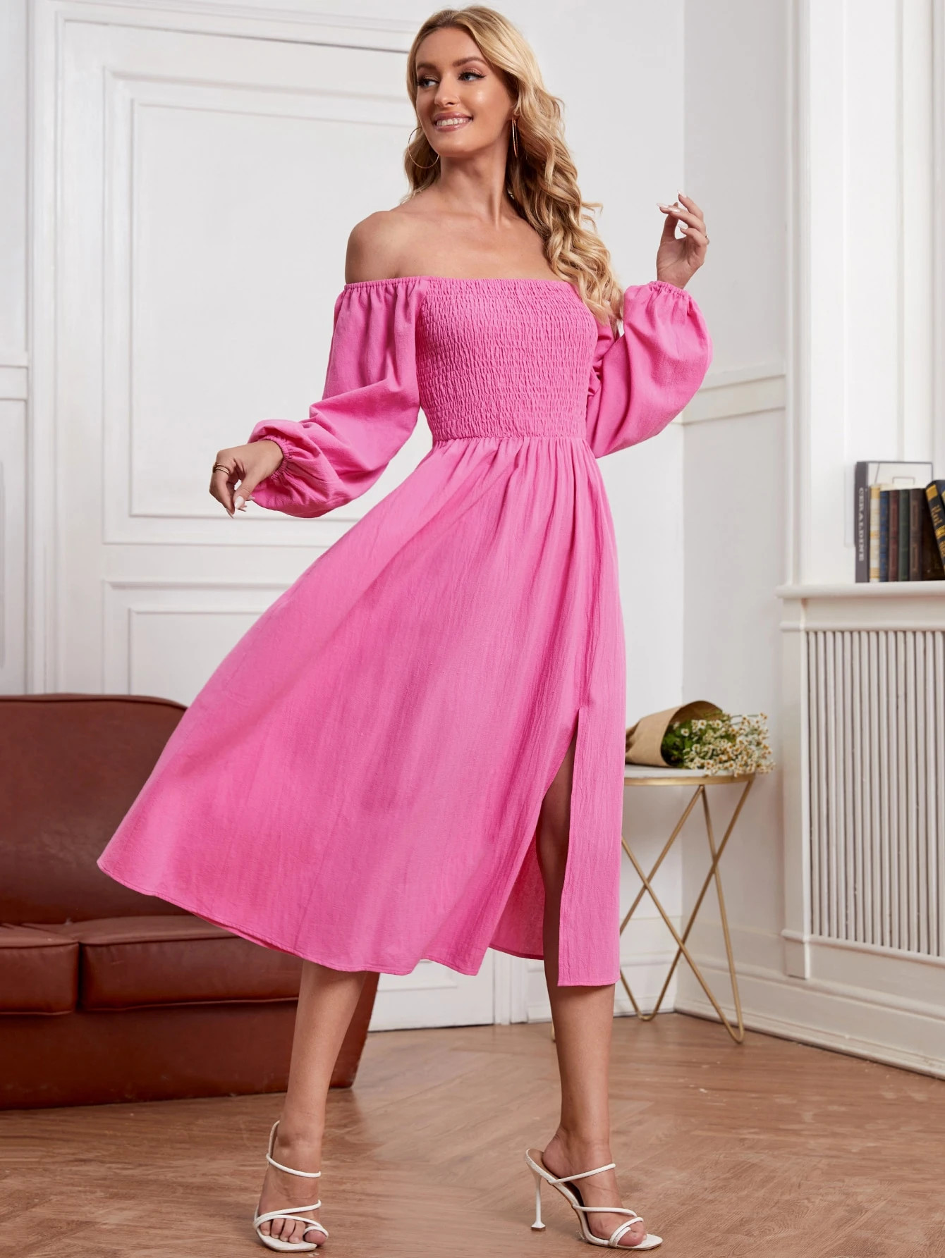 Off Shoulder Lantern Sleeve Shirred Bodice Split Thigh Dress | SHEIN