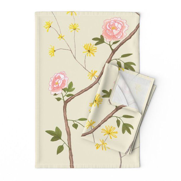 Chinoiserie Floral Bird Cream Linen Cotton Tea Towels by Roostery Set of 2 | Walmart (US)