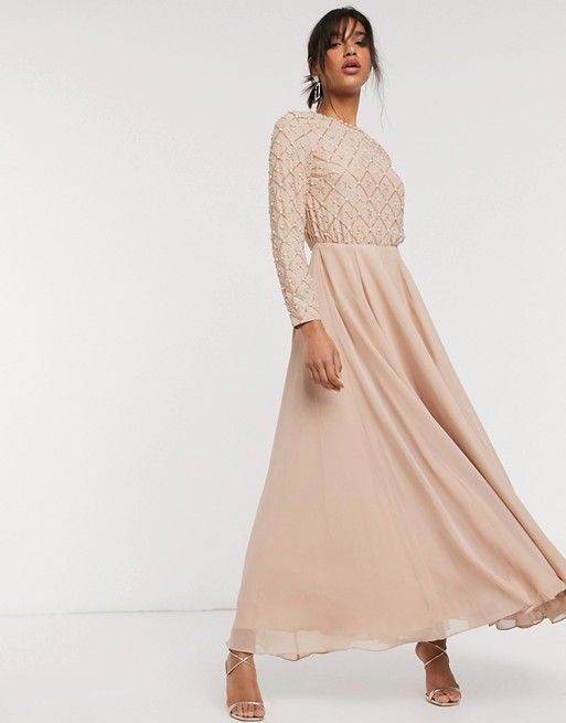 ASOS DESIGN Bridesmaid maxi dress with long sleeve in pearl and beaded embellishment with tulle s... | ASOS (Global)
