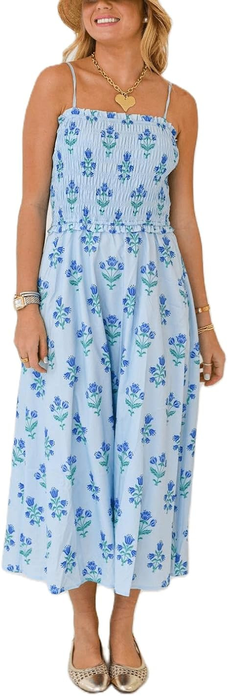 Women Boho Floral Maxi Dress Y2k Sleeveless Tie Shoulder Tiered Ruffle Long Dresses Summer Beach ... | Amazon (US)