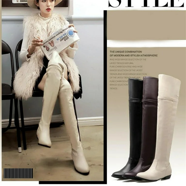 Miluxas Women's Knee-High Boots Comfortable Flat Low Heel Round Toe Stretchy Leather Slouch Boots | Walmart (US)