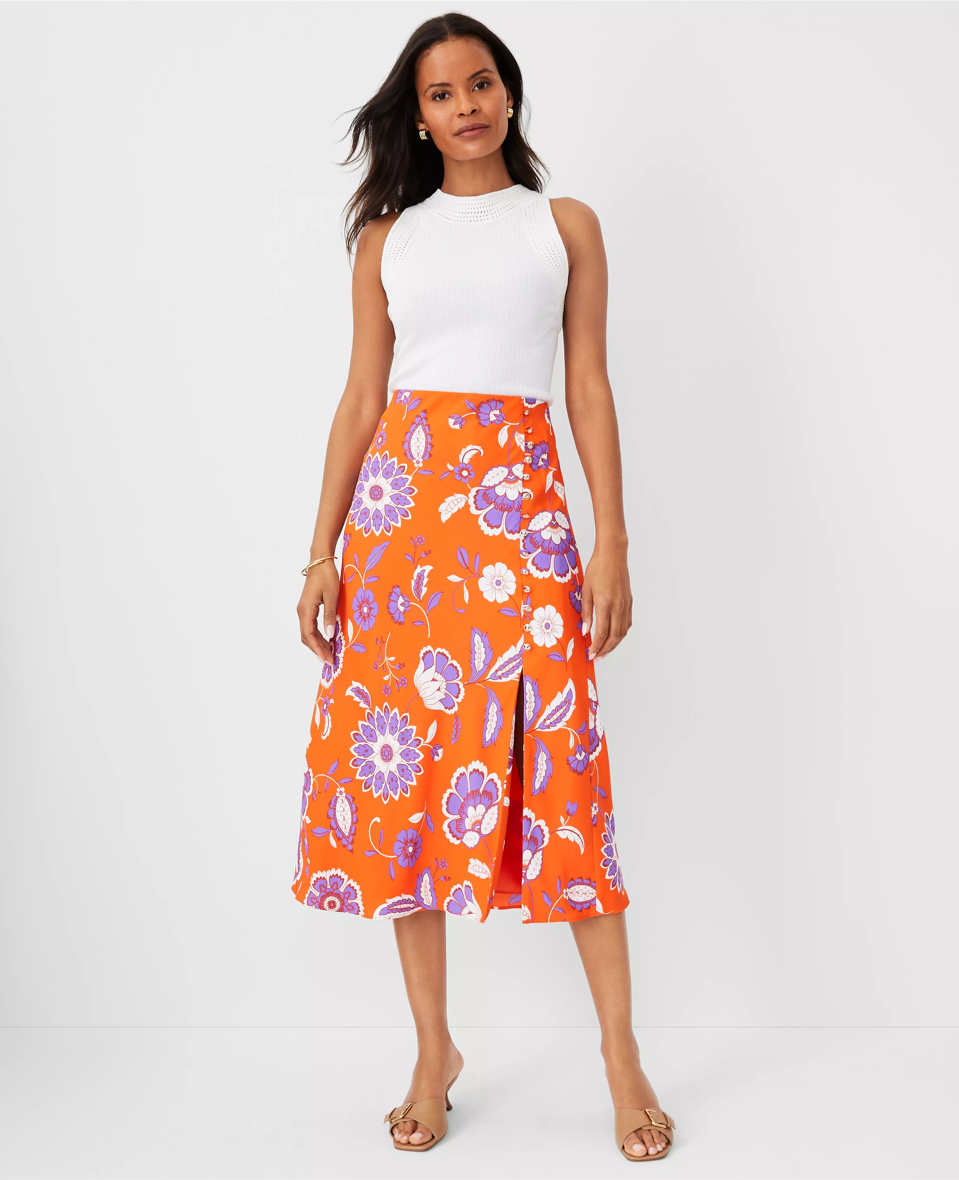 Floral Button Slit Midi Slip Skirt | Ann Taylor (US)