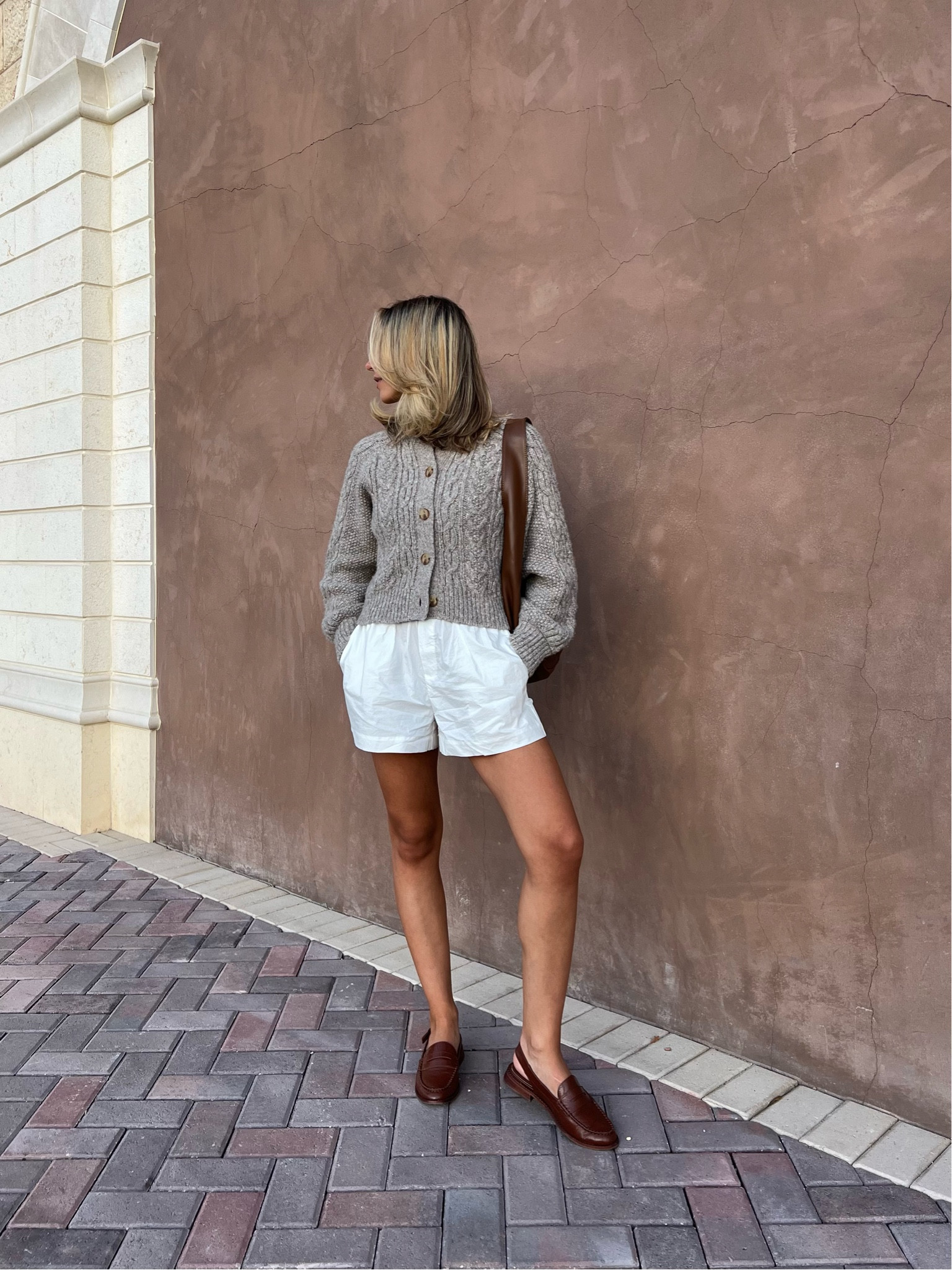 Fall outfit, fall style, knit cardigan, cardigan, grey cardigan, boxer shorts, white shorts, white boxer shorts, brown bag, shoulder bag, loafers, brown loafers

#LTKSeasonal #LTKstyletip