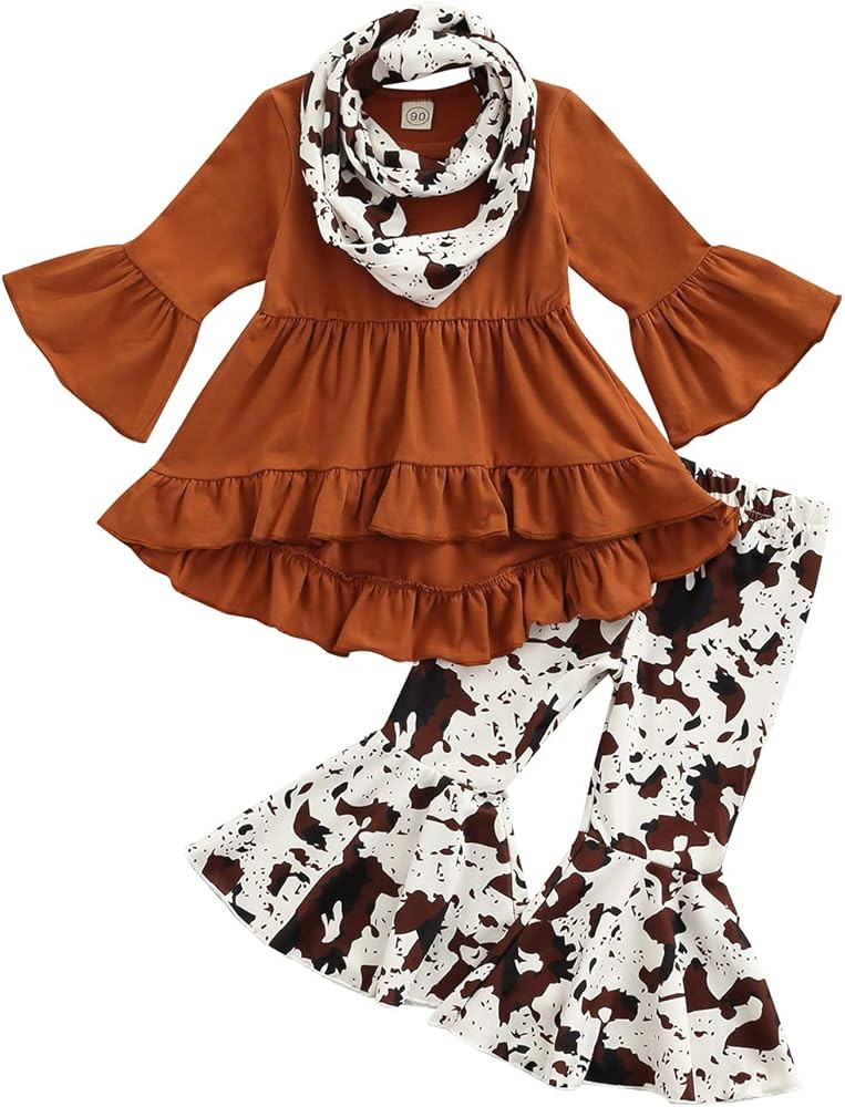 Toddler Baby Girls Letter Outfits Set Long Sleeve Tops + Leopard Bell Bottom Pants Autumn Clothes | Amazon (US)