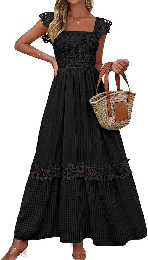 PRETTYGARDEN Women's Smocked Summer Maxi Dresses 2025 Ruffle Cap Sleeve Square Neck Lace Detail F... | Amazon (US)