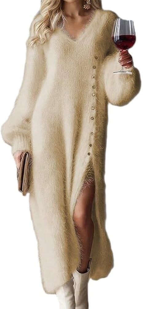 Melliflo Sweater Dresses for Women 2025 Fashion Christmas Party Fuzzy Long Dress Button Down Side... | Amazon (US)