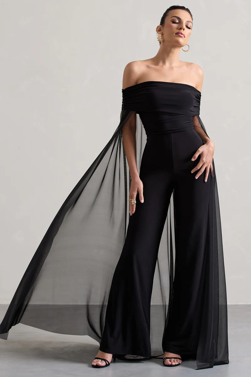 Zita | Black Bardot Jumpsuit With Chiffon Cape | Club L London
