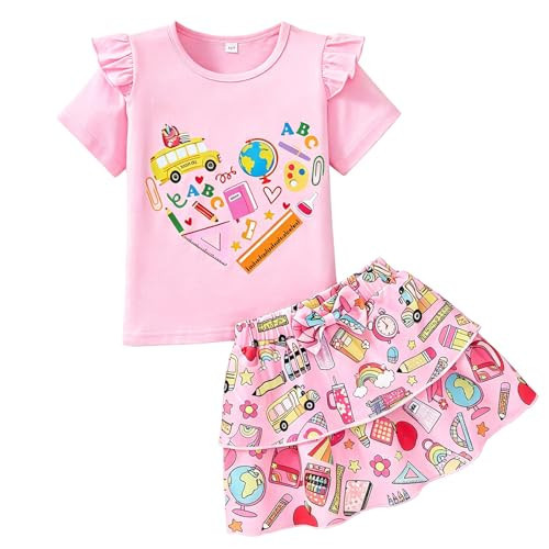 Akyzic Back to School Pink Heart Printed Preschool Graduation Outfit Set Little Girls Picture Day Outfits for School Size 6 Years | Amazon (US)