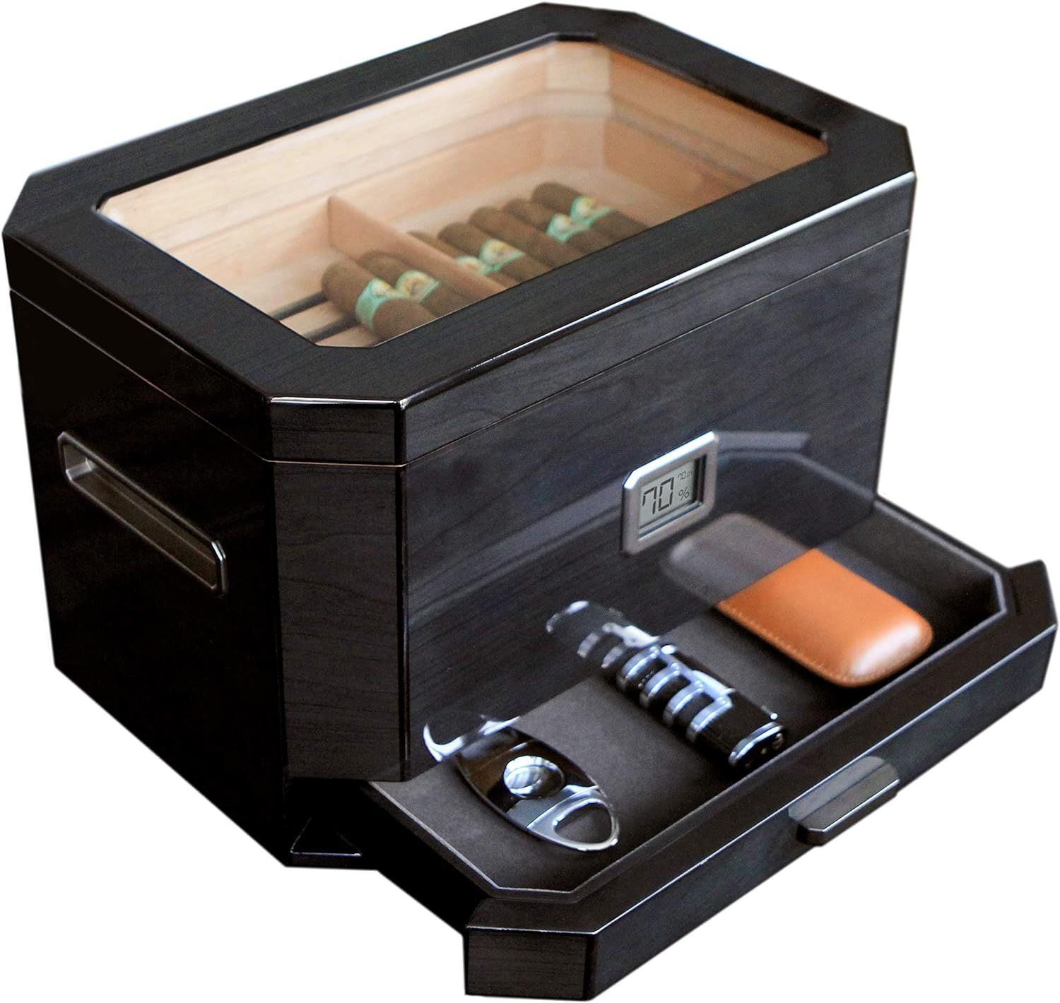 CASE ELEGANCE Octodor Large Black Piano Finish Glass Top Cedar Humidor with Digital Hygrometer, H... | Amazon (US)