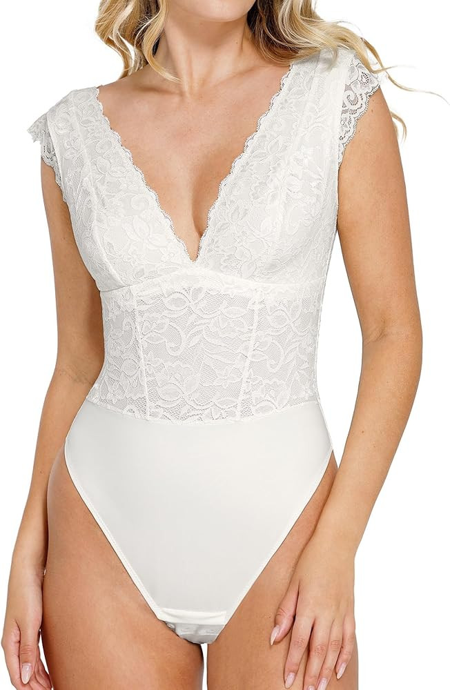 Popilush Lace Bodysuit for Women - Tank Top Thong Shapewear Tummy Control Going Out Tops Deep V N... | Amazon (US)