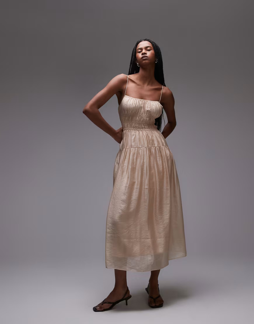 & Other Stories milkmaid midi dress with smocking and spaghetti straps in beige-White | ASOS (Global)