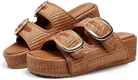 Coutgo Womens Platform Sandals Raffia Espadrilles Two Band Open Toe Slip On Slides Beach Vacation... | Amazon (US)