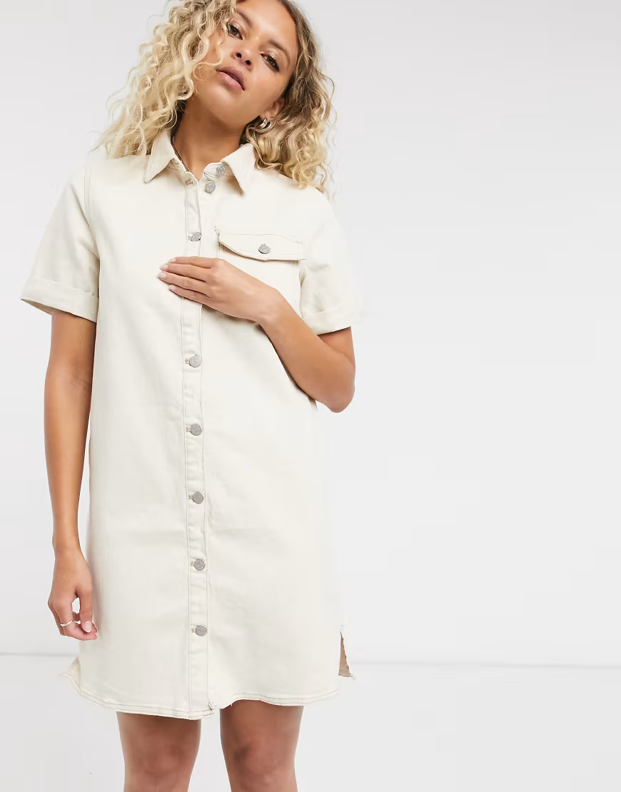 Vila button front denim dress in off white | ASOS (Global)