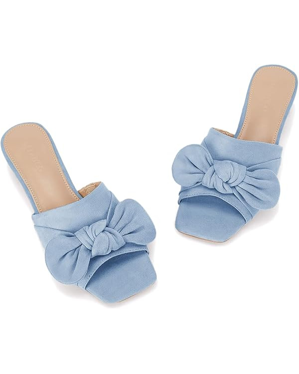 Coutgo Womens Bow Slides Sandals Slip On Chunky Low Heel Square Open Toe Elagant Summer Shoes | Amazon (US)