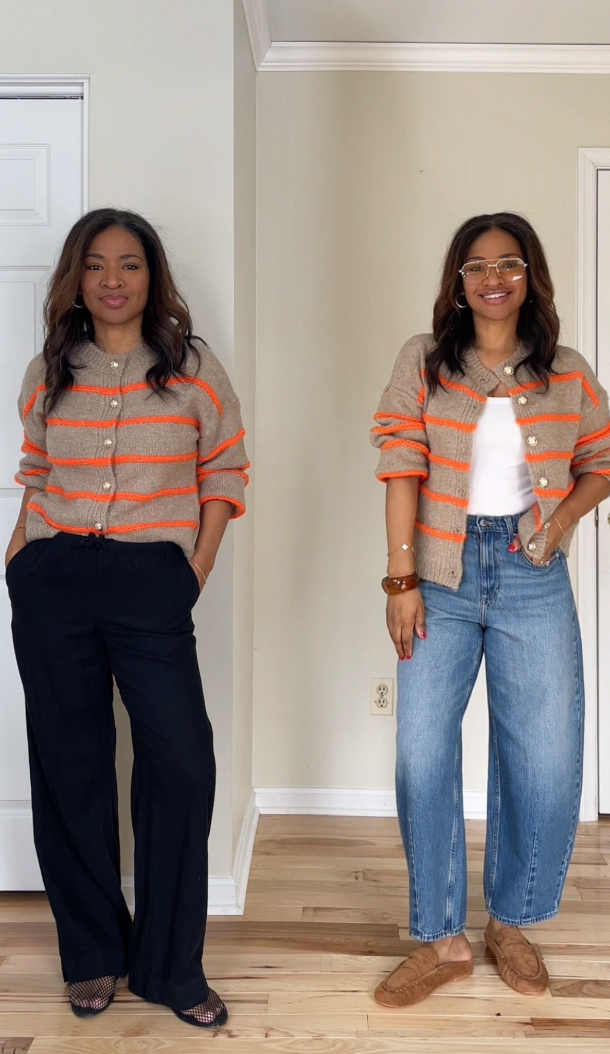 I’m wearing a medium and the striped cardigan. I’m wearing a size 4 in the barrel jeans. I’m wearing a size 27 regular in the white pants. Size up in the tan mules they run small.