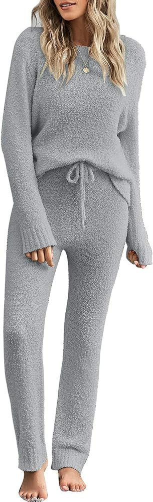 luvamia Women's Casual Pajama Set Fuzzy Fleece Knitted Long Sleeve Pj Loungewear | Amazon (US)