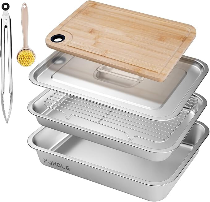 Grilling Prep and Serve Trays,Stainless Steel Large Capacity Food Prep Trays with Lid, Cutting Bo... | Amazon (US)