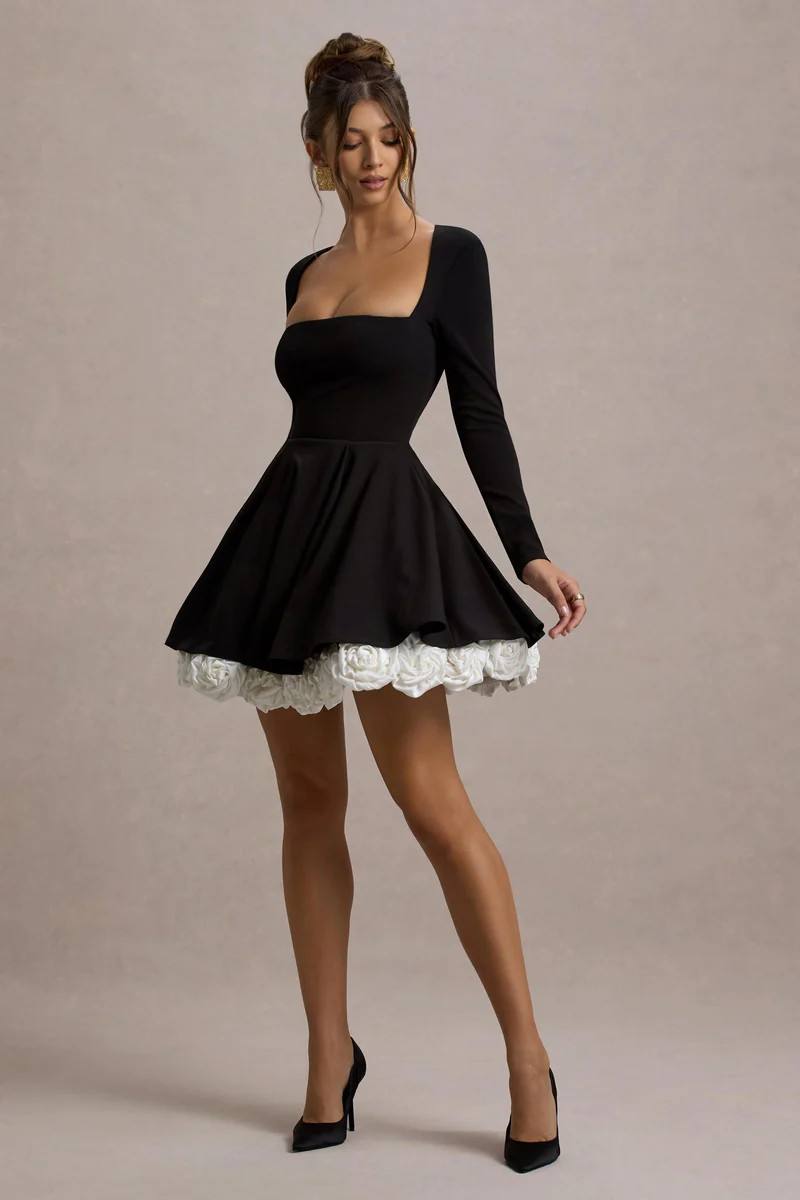 Azelie  Black & White Square-Neck Floral-Trim Mini Dress | Club L London