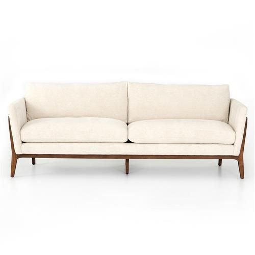 Dorothy French Country Cream Upholstered Brown Wood Frame Sofa - 86"W | Kathy Kuo Home